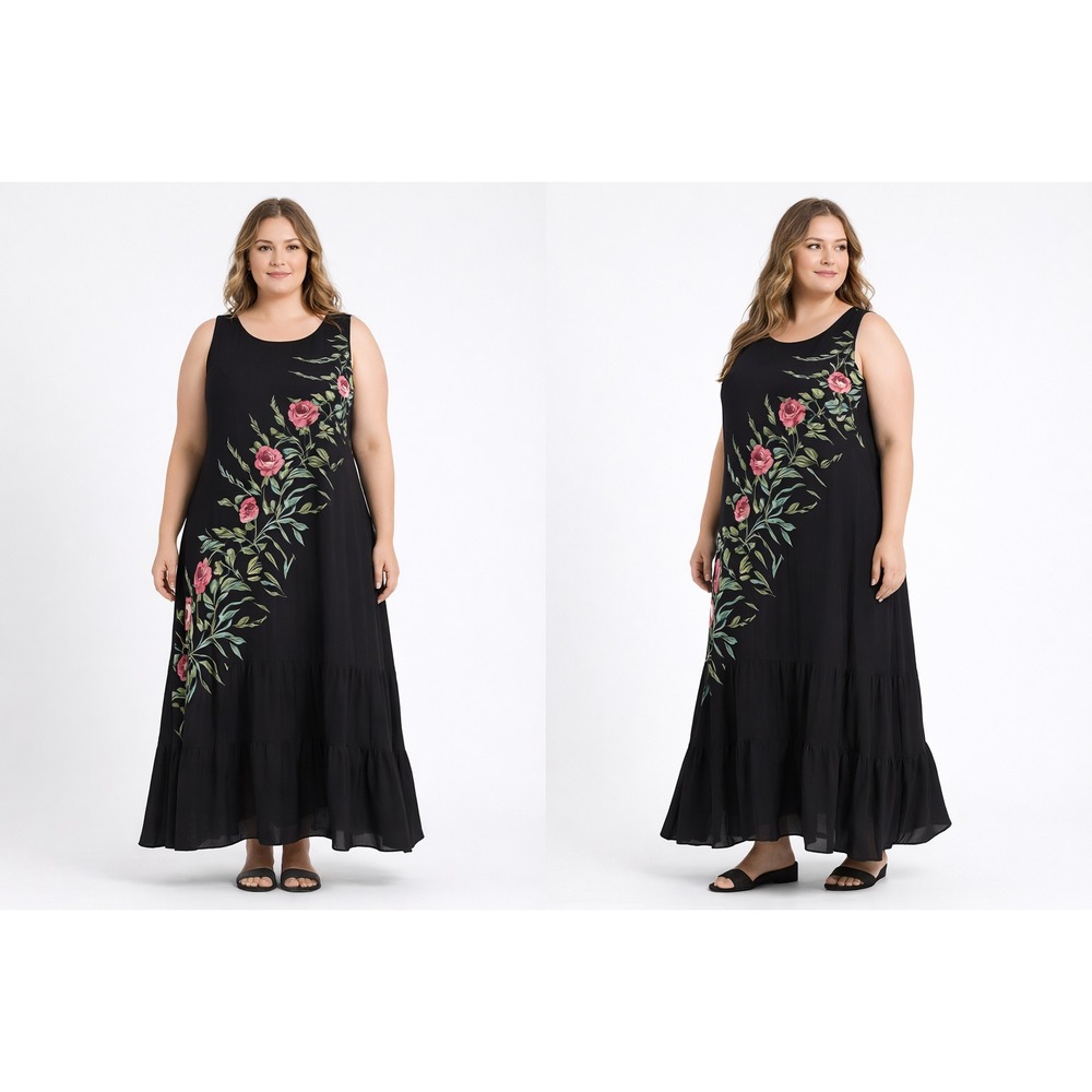 VTG American Angel Maxi Dress L Large Black Rayon Floral Rose Whimsigoth Goth Y2